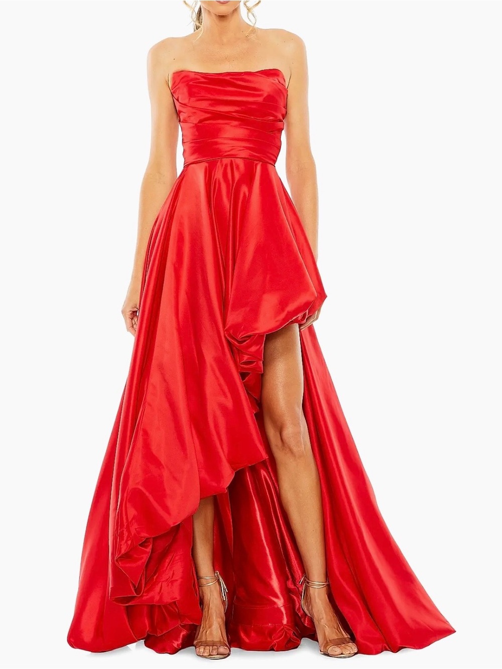 Mac Duggal Strapless High-Low Satin Gown in Vibrant Red